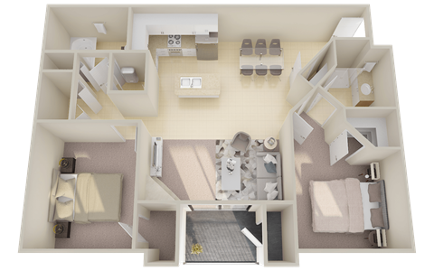 A 3D floor plan of a house with a kitchen, living room, and two bedrooms.